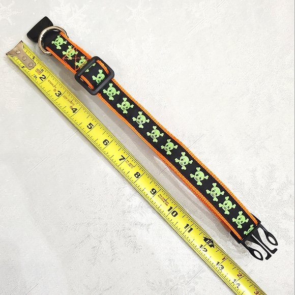 Glow Green Skeleton, Orange & Black Halloween Dog Collar & Leash - Picture 7 of 8